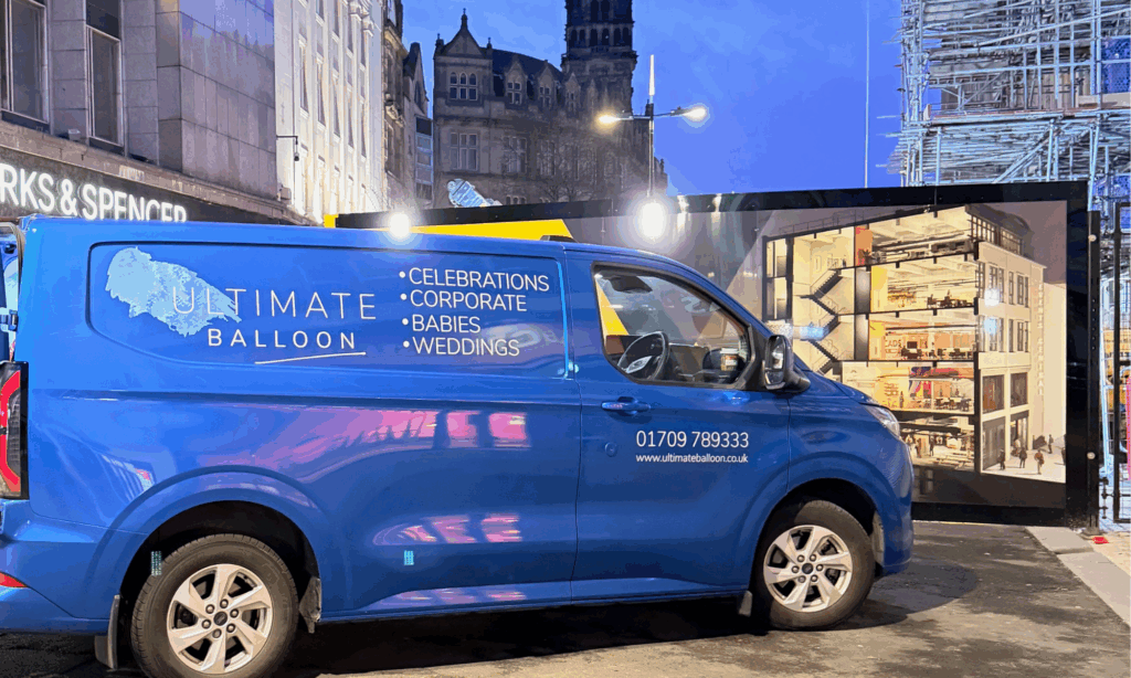 Electric van from Ultimate Balloon Company delivering professional balloon decorations on Fargate in Sheffield