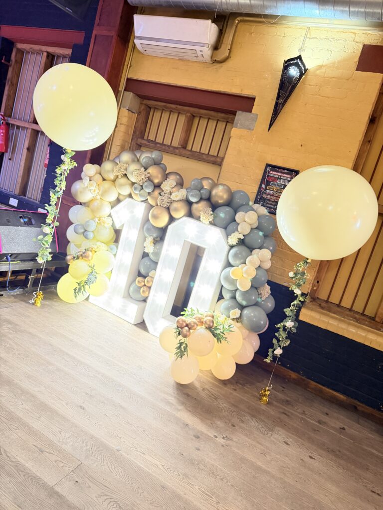 Balloon installation Sheffield — LED numbers and balloon garland