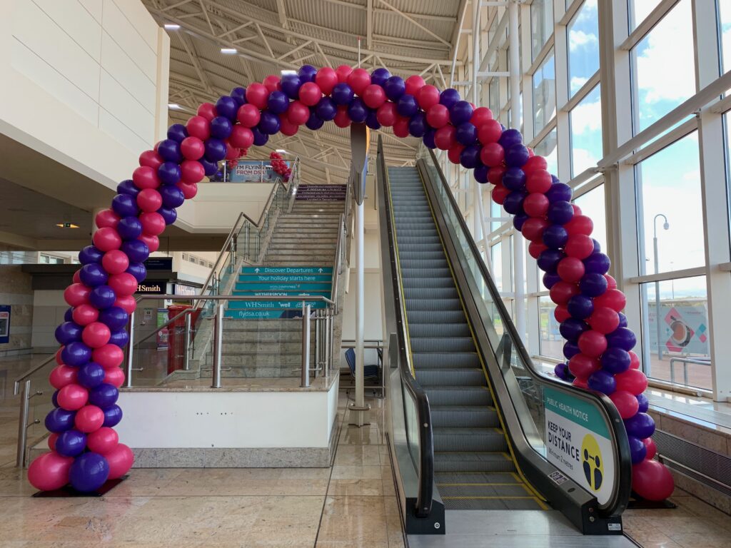 Balloon installation Doncaster — giant balloon arch at Doncaster Airport